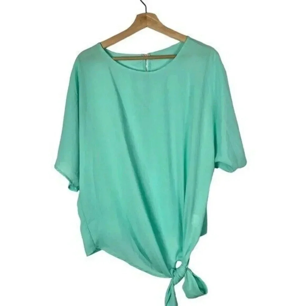 Boutique Mint Green Chiffon Tie Front Short Sleeve Blouse XL